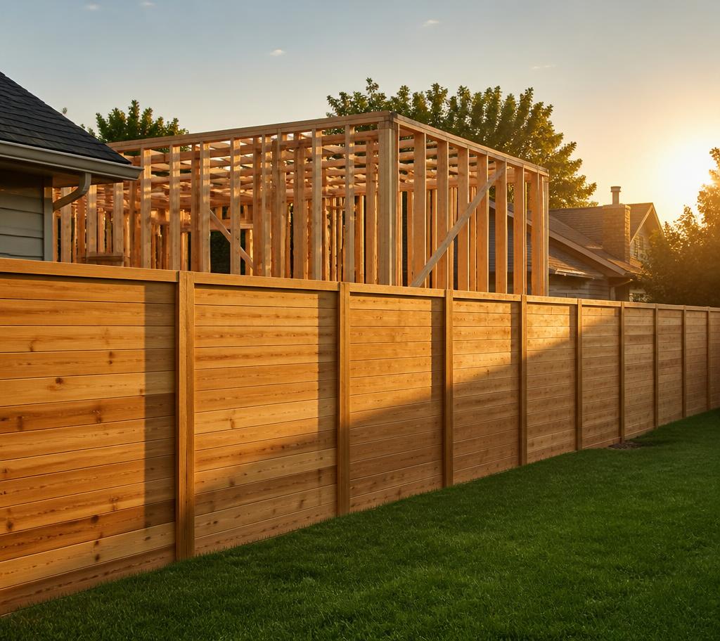 New cedar wood privacy fence with a residential framing project behind it