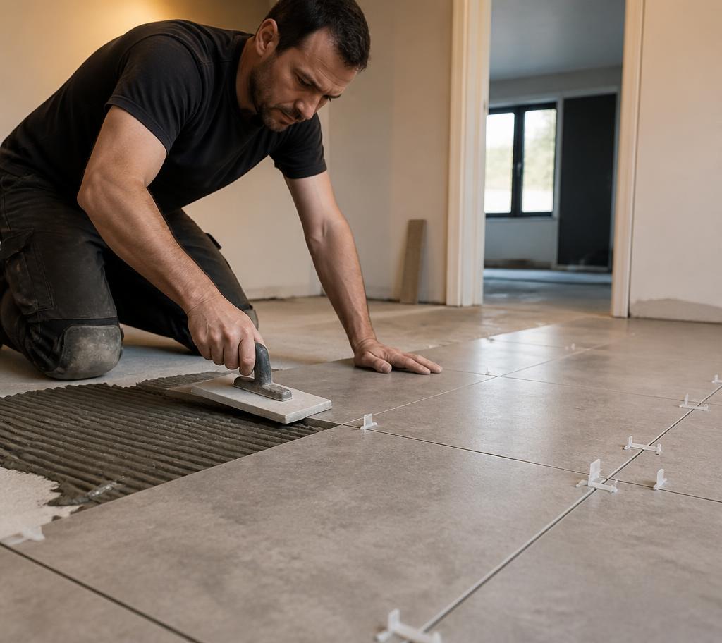 Tile setter installing large porcelain floor tiles