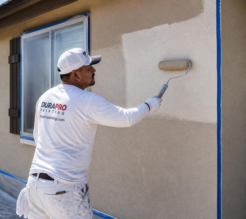 Painter rolling fresh exterior paint on a stucco house wall