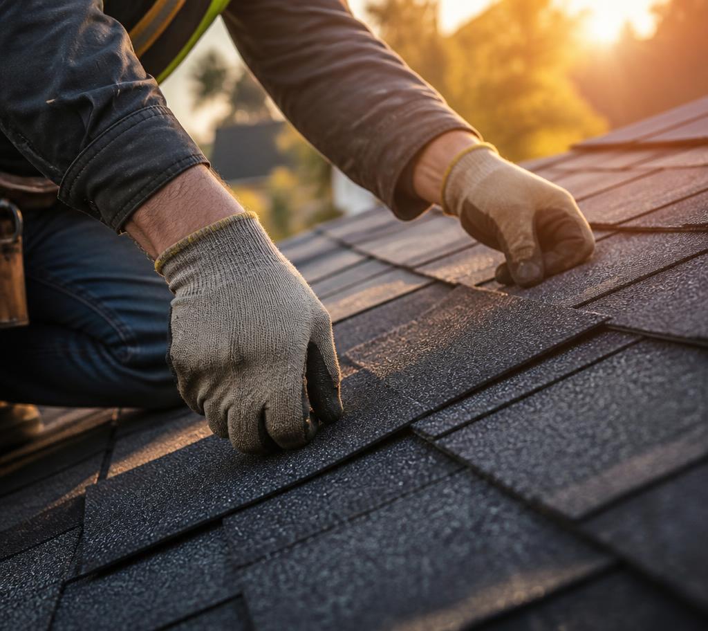 Roofer laying asphalt shingles on a residential roof